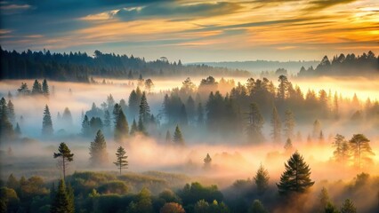 Fototapeta premium Misty forest landscape at dawn, forest in mist