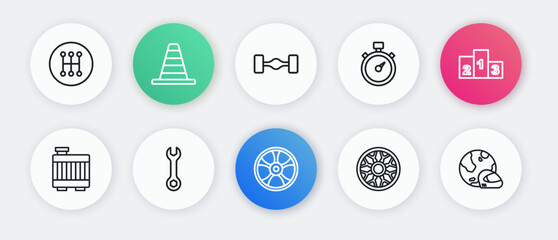 Set line Alloy wheel for car, Award over sports winner podium, Car radiator cooling system, Stopwatch, Chassis, Racing helmet and Wrench spanner icon. Vector