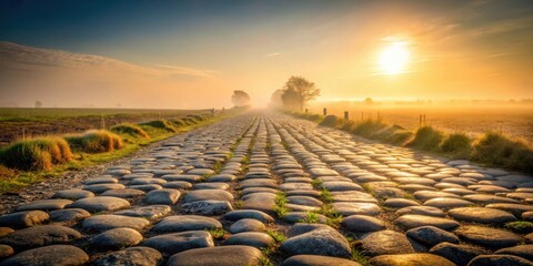 Fototapeta premium Ancient Stone Road at Sunrise A Misty Morning on a Cobblestone Path Leading to the Golden Sun