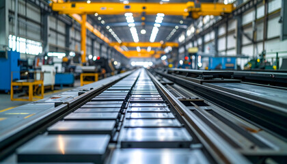 Fototapeta premium Industrial Factory Interior: Metal Components on Conveyor Belt System