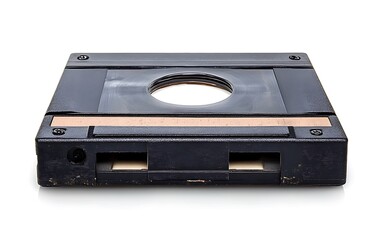 Obraz premium Vintage audio cassette tape isolated on white background, showing signs of wear and age.