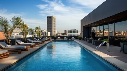 A sleek, high-rise hotel with modern amenities, including an outdoor pool, rooftop bar, and stylish lounge areas, nestled in a busy urban landscape