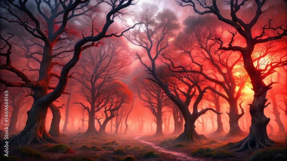 Poster Crimson Canopy Path A Mystical Forest at Dawn with Fog and Twisted Trees