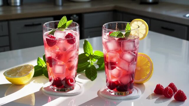 Refreshing raspberry lemonade preparation with ice and mint in a sunlit kitchen