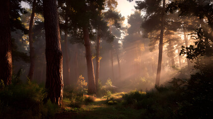 Fototapeta premium Magical forest setting with glowing golden light and soft mist