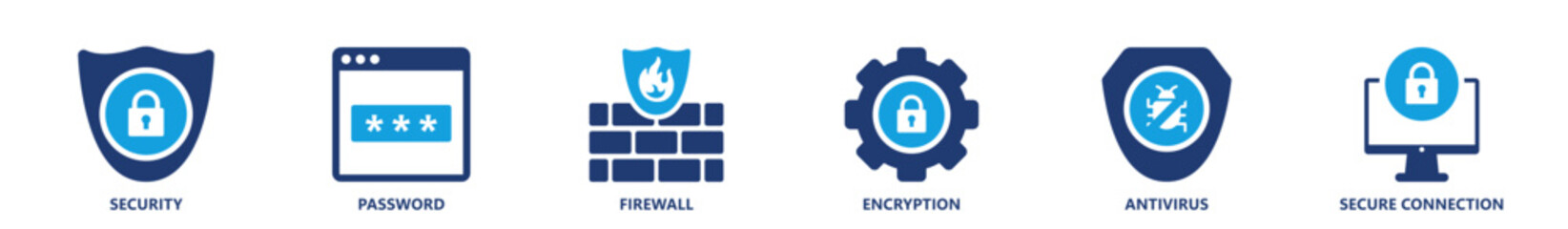 Security icon collection showcasing password protection, firewall, encryption, antivirus, and secure connection in solid professional style