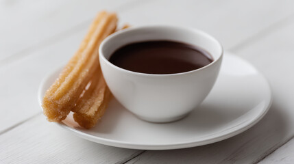 Obraz premium Churros with chocolate sauce on white plate, creating minimalist setup