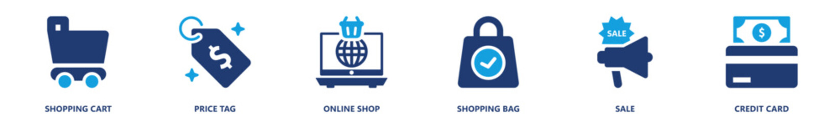 Shopping icon collection featuring cart, price tag, online shop, shopping bag, sale promotion, and credit card in clean modern solid style