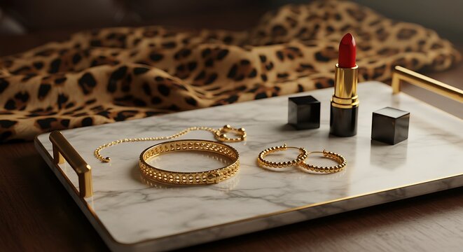 Elegant Gold Jewelry and Red Lipstick on Marble Tray Still Life - Powered by Adobe