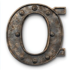 Obraz premium Rusty metal letter 'O' with rivets, isolated on white background, ideal for design use