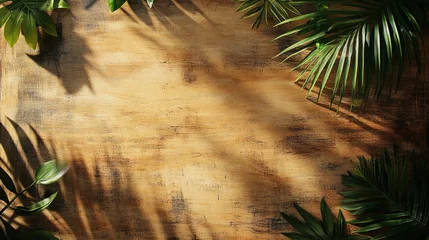 A wooden platform with tropical leaves creates shadows and patterns, capturing a soothing, nature-inspired ambiance with depth and vitality.