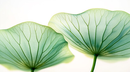 Close-up of delicate lotus leaves showcasing intricate patterns and vibrant green hues against a light background.
