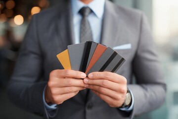 A well-dressed man in a tailored suit holds a selection of credit cards between his fingers. The office environment features soft lighting and glass windows, creating a professional ambiance