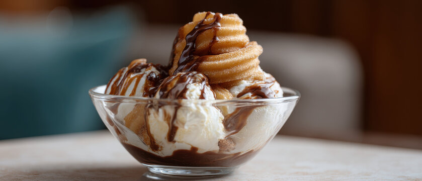 Rich churro sundae with scoops of chocolate ice cream and drizzled chocolate sauce