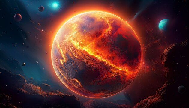 fiery planet cosmic background digital art sci fi