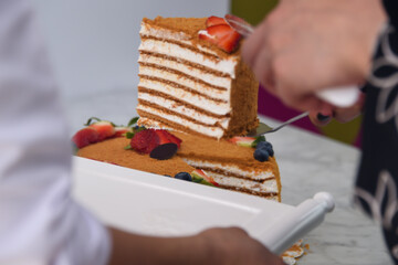 Slice of Classic Medovik Honey Layer Cake layers of honey sponge and creamy filling topped with...