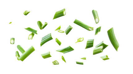 Falling Green Onion Slices and Cut Chives Isolated on Transparent Background