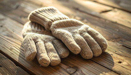 Beige Knitted Gloves on Rustic Wooden Surface