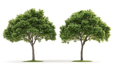 Obraz premium Two lush green trees on a white background, isolated, with grass at base.