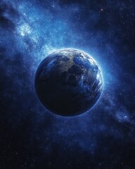 Stunning view of Earth surrounded by a cosmic blue nebula, showcasing the beauty of space