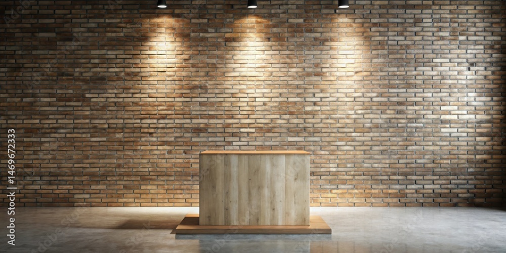 Poster a minimalist wooden display platform set against a textured brick wall, illuminated by strategically