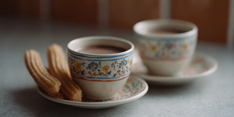 Two cups of hot chocolate with churros on Spanish style cafe counter