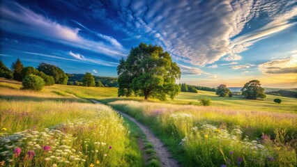Obraz premium Serene Meadow Path at Sunset with Blooming Wildflowers and a Majestic Tree