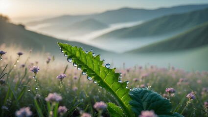 Fototapeta premium Leaf with Droplets in Misty Mountain Meadow at Sunrise