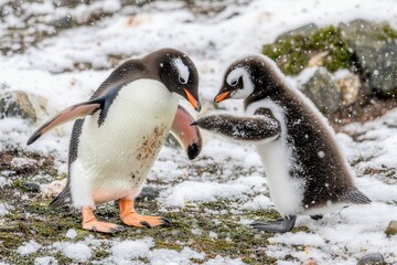 Naklejka premium Two Gentoo penguins interact in a snowy landscape, showcasing playful behavior in their natural habitat