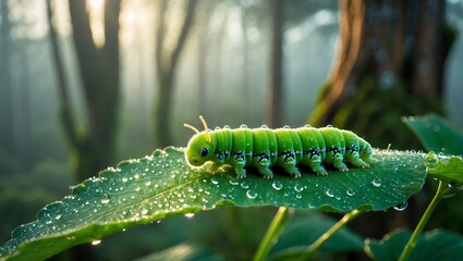 Fototapeta premium Green Caterpillar Crawling on Leaf with Water Droplets in Forest