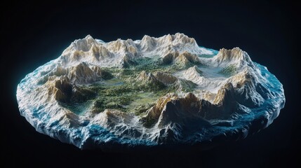 3D model of Earth with highlighted geographical features such as mountain ranges, forests, and deserts, set against a black void of space.