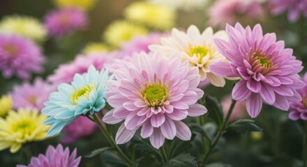 Close-up of vibrant pastel chrysanthemums soft sunlight shallow depth of field