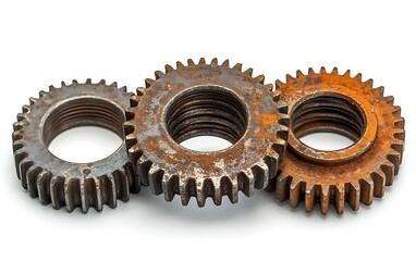 Three rusty gears stacked in a row on a white background.