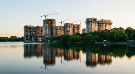 Fototapeta premium Construction site with apartment buildings reflecting on calm water at dawn