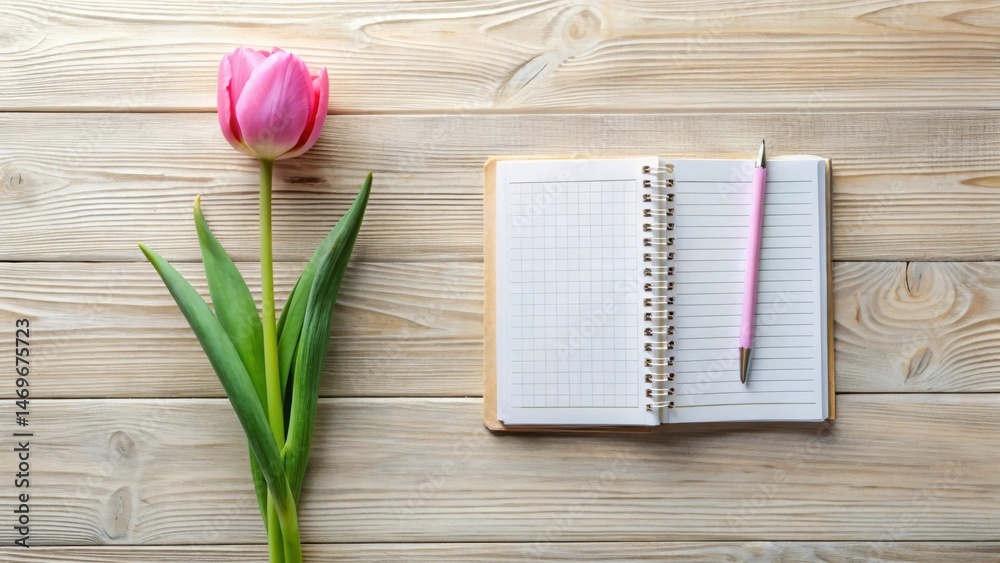 Aufkleber a single pink tulip rests beside an open spiral-bound notebook and a pink pen on a light wooden surf