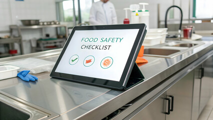 Food Safety Checklist Displayed on Tablet in a Professional Kitchen, Highlighting Essential Hygiene Practices for Ensuring Safe Food Preparation