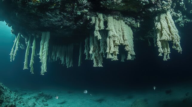 A stunning coral overhang where hanging sponges and hydroids filter the water