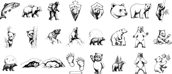Naklejka premium Collection of Hand-Drawn Bear Illustrations and Sketches