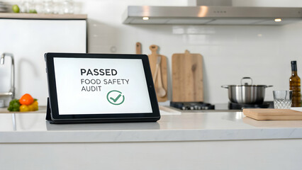 Passed Food Safety Audit, Tablet Displaying Food Safety Certification in Modern Kitchen, Signifies Priority for Hygiene and Sanitation