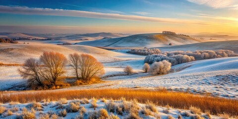 Serene Winter Landscape Frost-Covered Fields and Golden Grass Under a Sunset Sky
