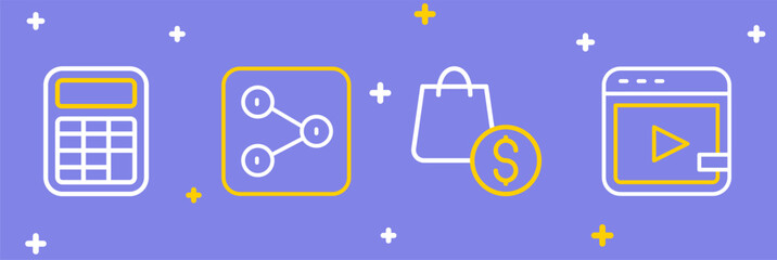 Set line Video advertising, shopping bag and dollar, Share and Calculator icon. Vector