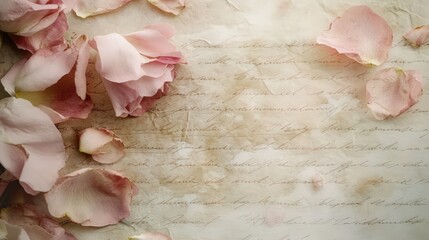 romantic vintage paper with faded handwriting, adorned with delicate rose petal stains and soft pastel hues, evoking an old love letter