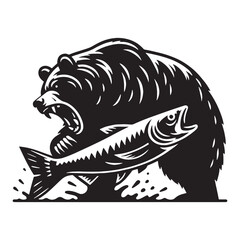 Energetic and skilled fishing grizzly silhouette symbolizing strength in nature – fishing grizzly vector – fishing grizzly illustration – silhouette of fishing grizzly

