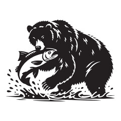 Focused and powerful fishing grizzly silhouette for wildlife-themed designs – fishing grizzly vector – fishing grizzly illustration – silhouette of fishing grizzly

