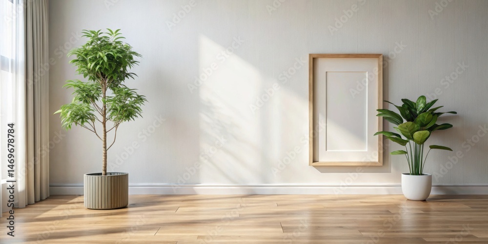 Poster sunlight illuminates a minimalist interior scene featuring two potted plants and a blank frame on a 