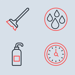 Set line Water drop, Antibacterial soap, Clock and Mop icon. Vector