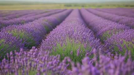 Obraz premium Purple Lavender Field Rows Stretching To Horizon