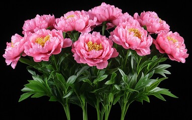 Obraz premium A bouquet of pink peonies with green leaves against a black background.