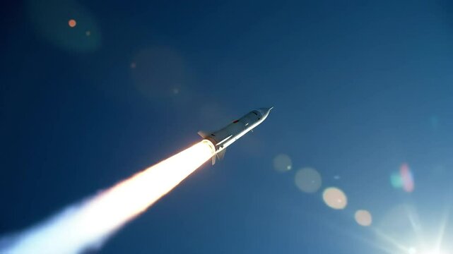Launching Rocket Ascending Into Dark Blue Sky Low Angle
