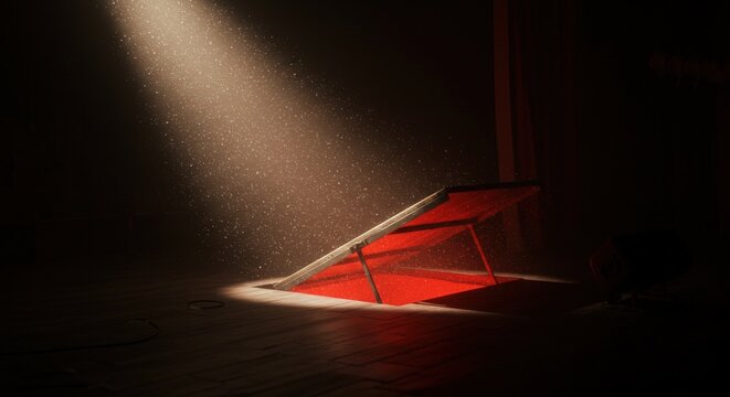 Good thoughts about the theater. Stage trapdoor illuminated with spotlight in dark theater